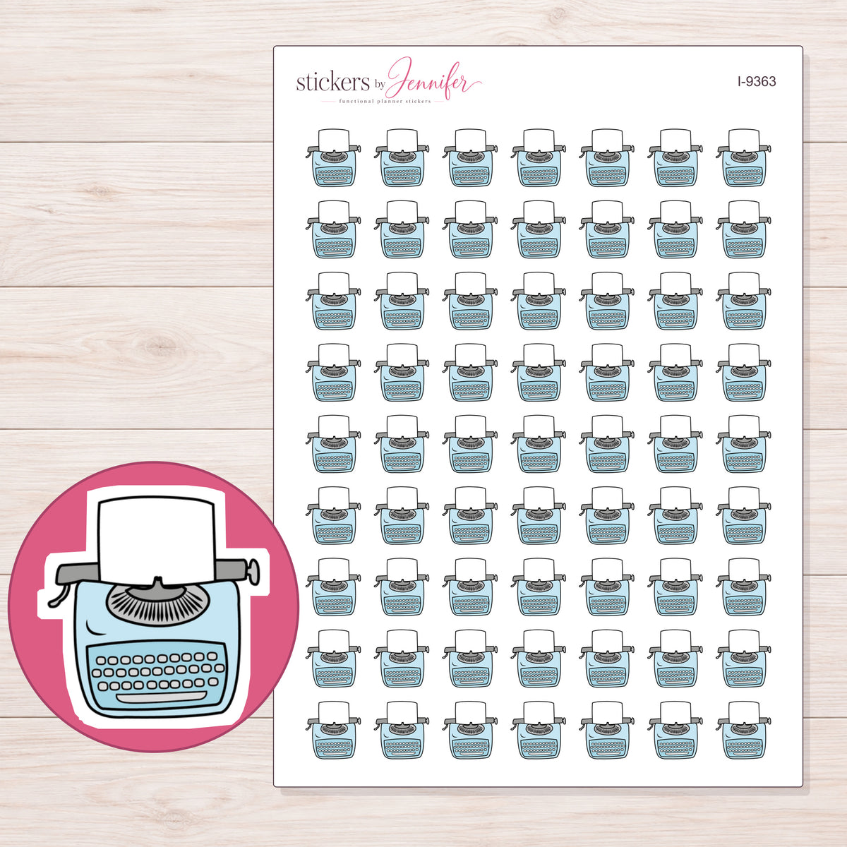 Blue Typewriter Planner Stickers | I-9363 — 5 × 7 inch sheet and enlarged sticker detail