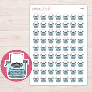 Blue Typewriter Planner Stickers | I-9363 — 5 × 7 inch sheet and enlarged sticker detail