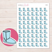 Blue Cozy Boot Planner Stickers | I-9364 — 5 × 7 inch sheet and enlarged sticker detail