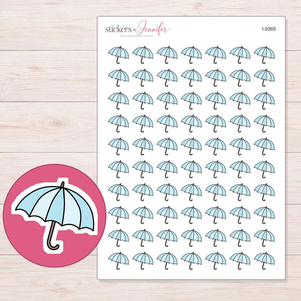 Blue Umbrella Planner Stickers | I-9365 — 5 × 7 inch sheet and enlarged sticker detail