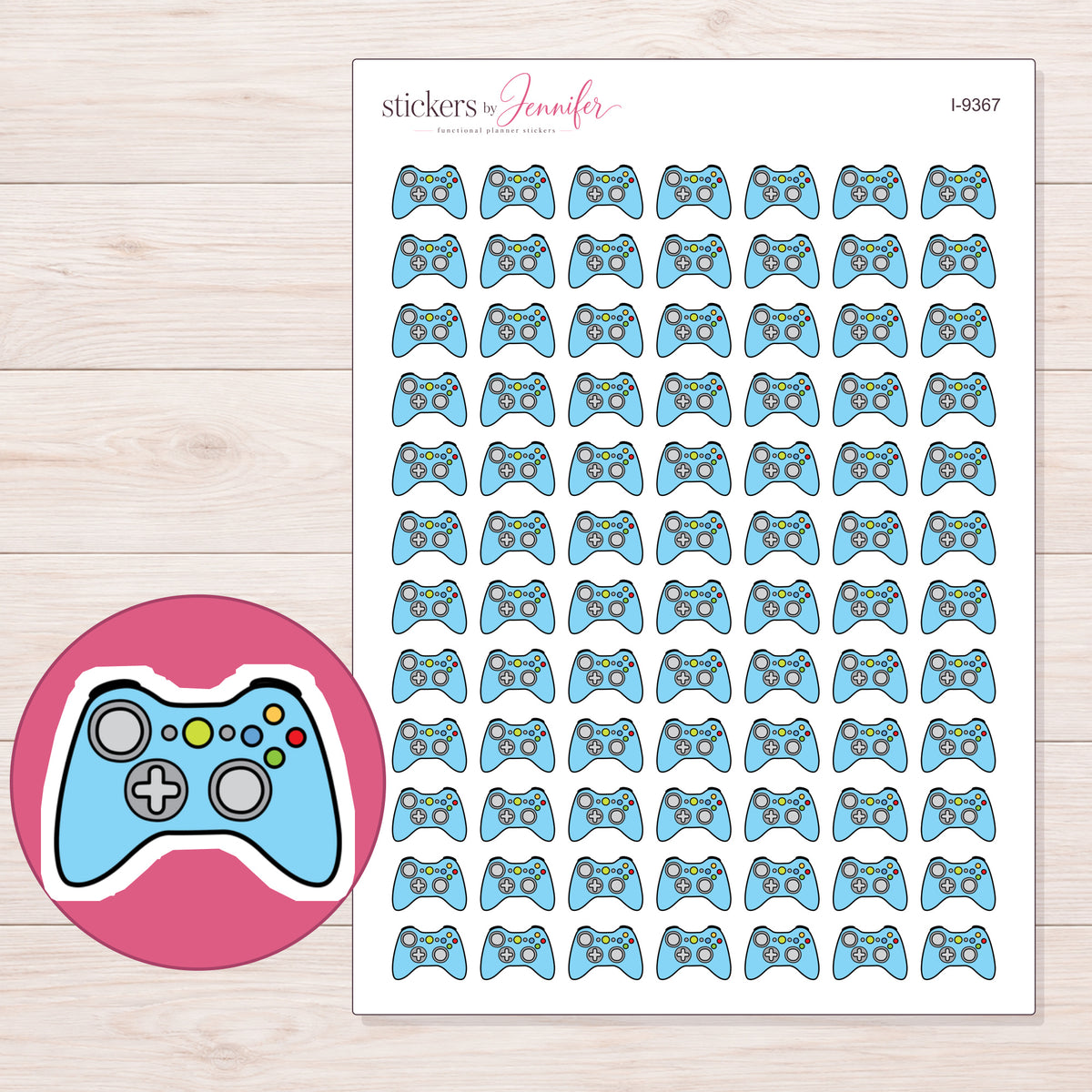 Blue Color-Button Game Controller Planner Stickers | I-9367 — 5 × 7 inch sheet and enlarged sticker detail