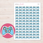 Blue Color-Button Game Controller Planner Stickers | I-9367 — 5 × 7 inch sheet and enlarged sticker detail