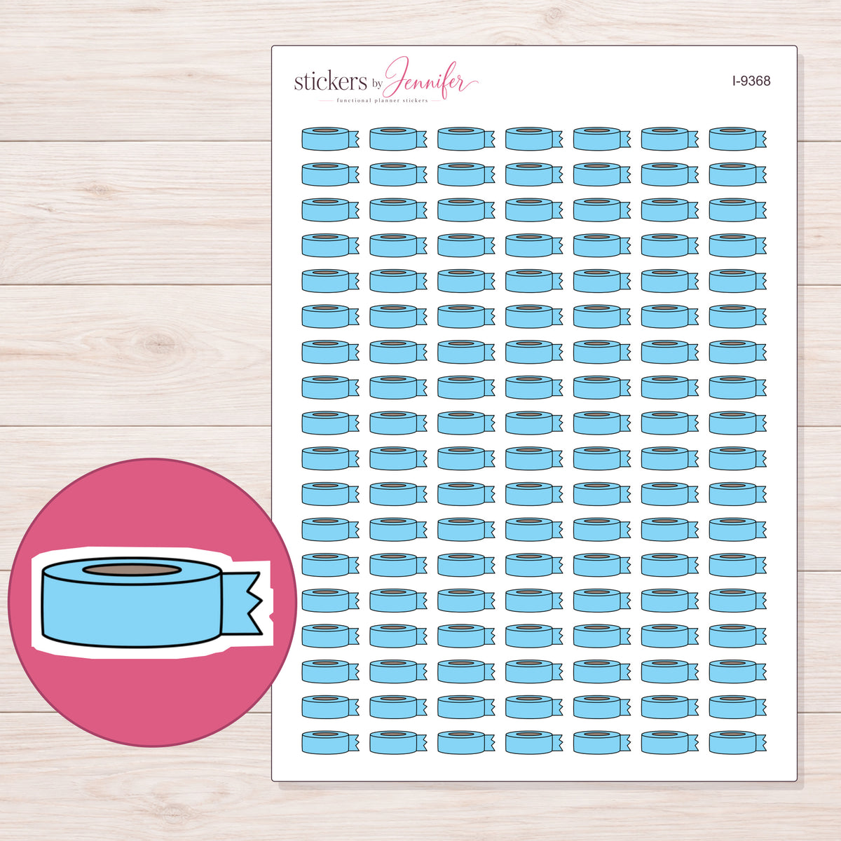 Blue Washi Roll with Loose End Planner Stickers | I-9368 — 5 × 7 inch sheet and enlarged sticker detail