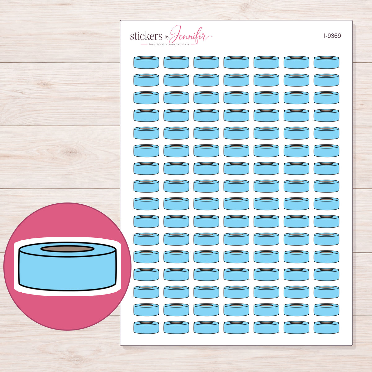Simple Blue Washi Roll Planner Stickers | I-9369 — 5 × 7 inch sheet and enlarged sticker detail