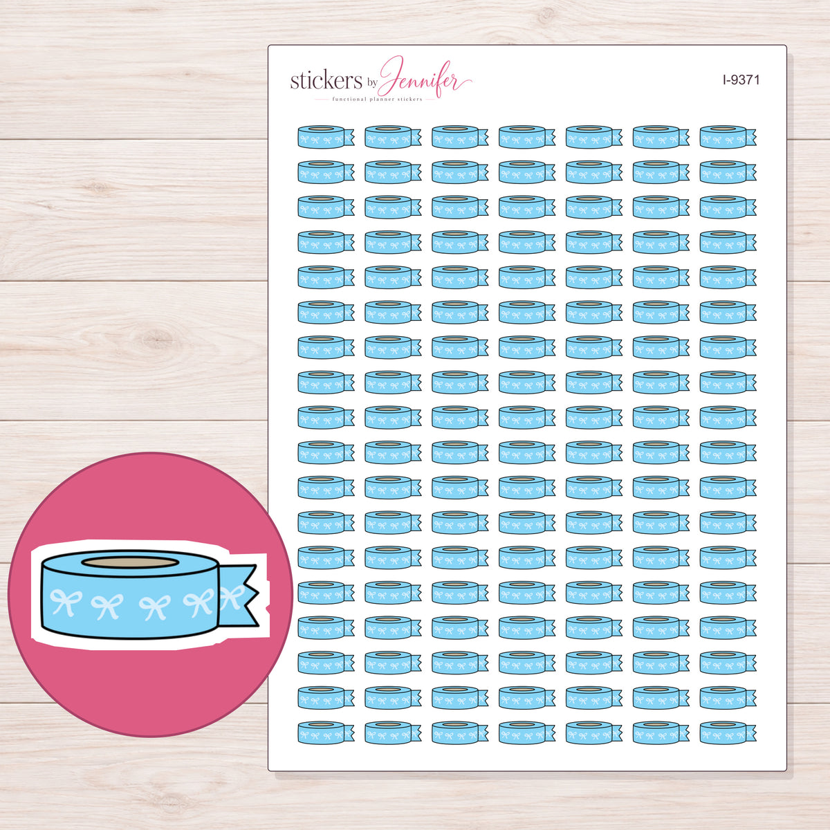 Blue Bow Washi Roll with Loose End Planner Stickers | I-9371 — 5 × 7 inch sheet and enlarged sticker detail