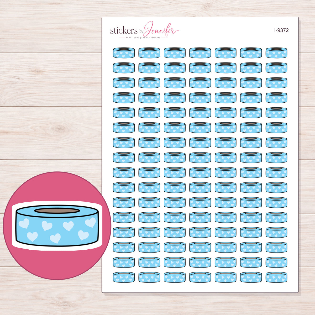 Blue Heart Pattern Washi Roll Planner Stickers | I-9372 — 5 × 7 inch sheet and enlarged sticker detail