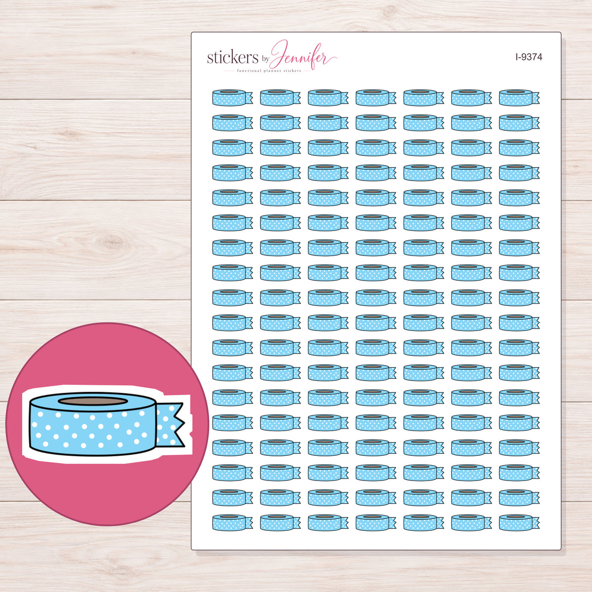 Blue Polka Dot Washi with Loose End Planner Stickers | I-9374 — 5 × 7 inch sheet and enlarged sticker detail