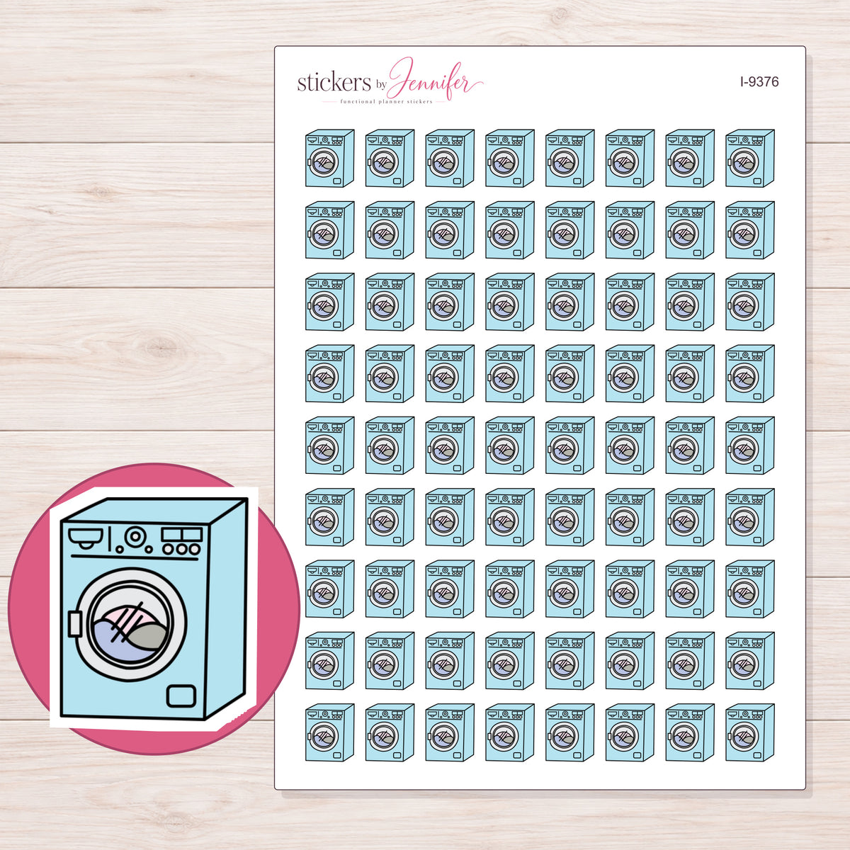 Blue Washing Machine Planner Stickers | I-9376 — 5 × 7 inch sheet and enlarged sticker detail