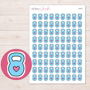 Blue Heart Kettlebell Planner Stickers | I-9377 — 5 × 7 inch sheet and enlarged sticker detail
