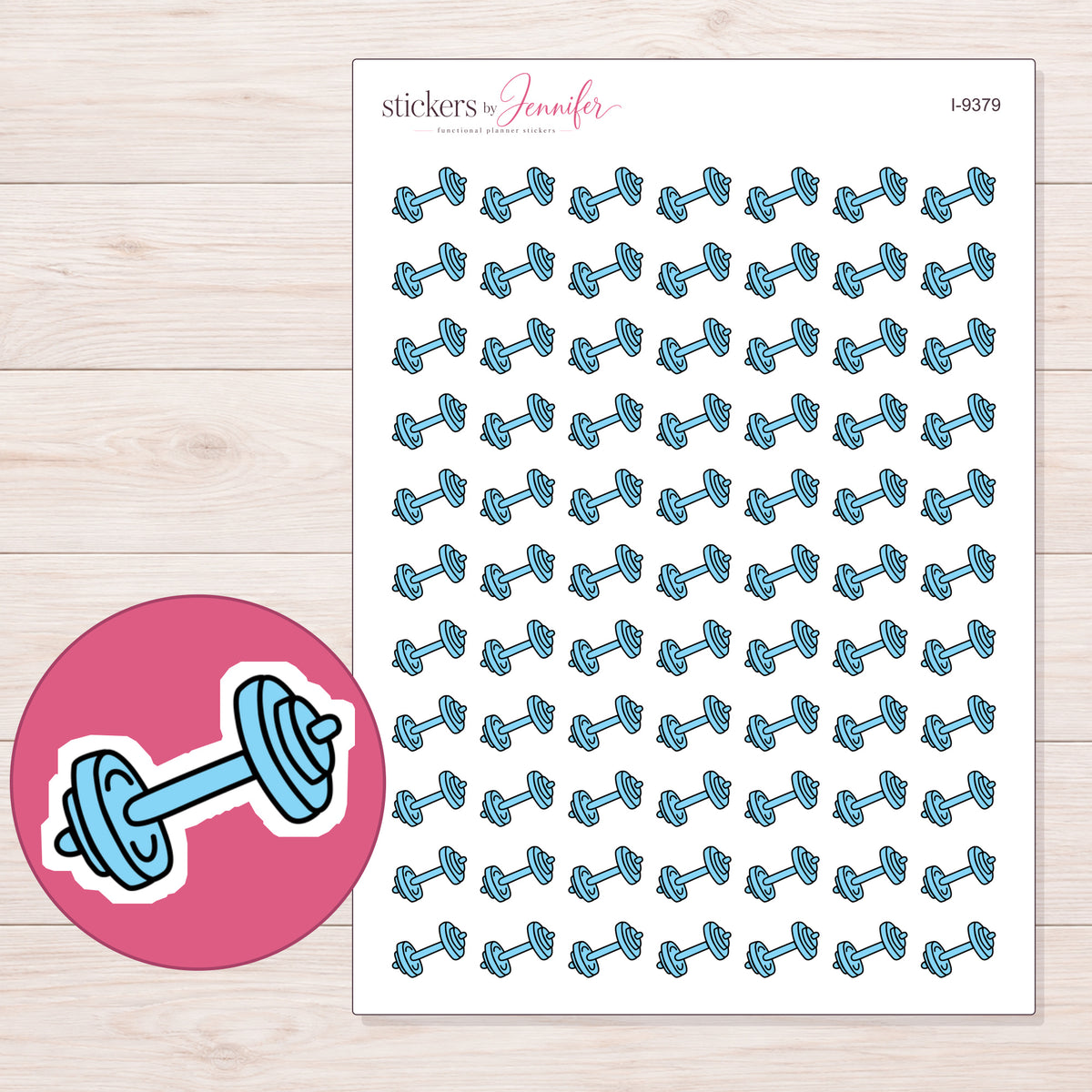 Blue Dumbbell Planner Stickers | I-9379 — 5 × 7 inch sheet and enlarged sticker detail