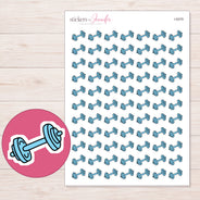 Blue Dumbbell Planner Stickers | I-9379 — 5 × 7 inch sheet and enlarged sticker detail