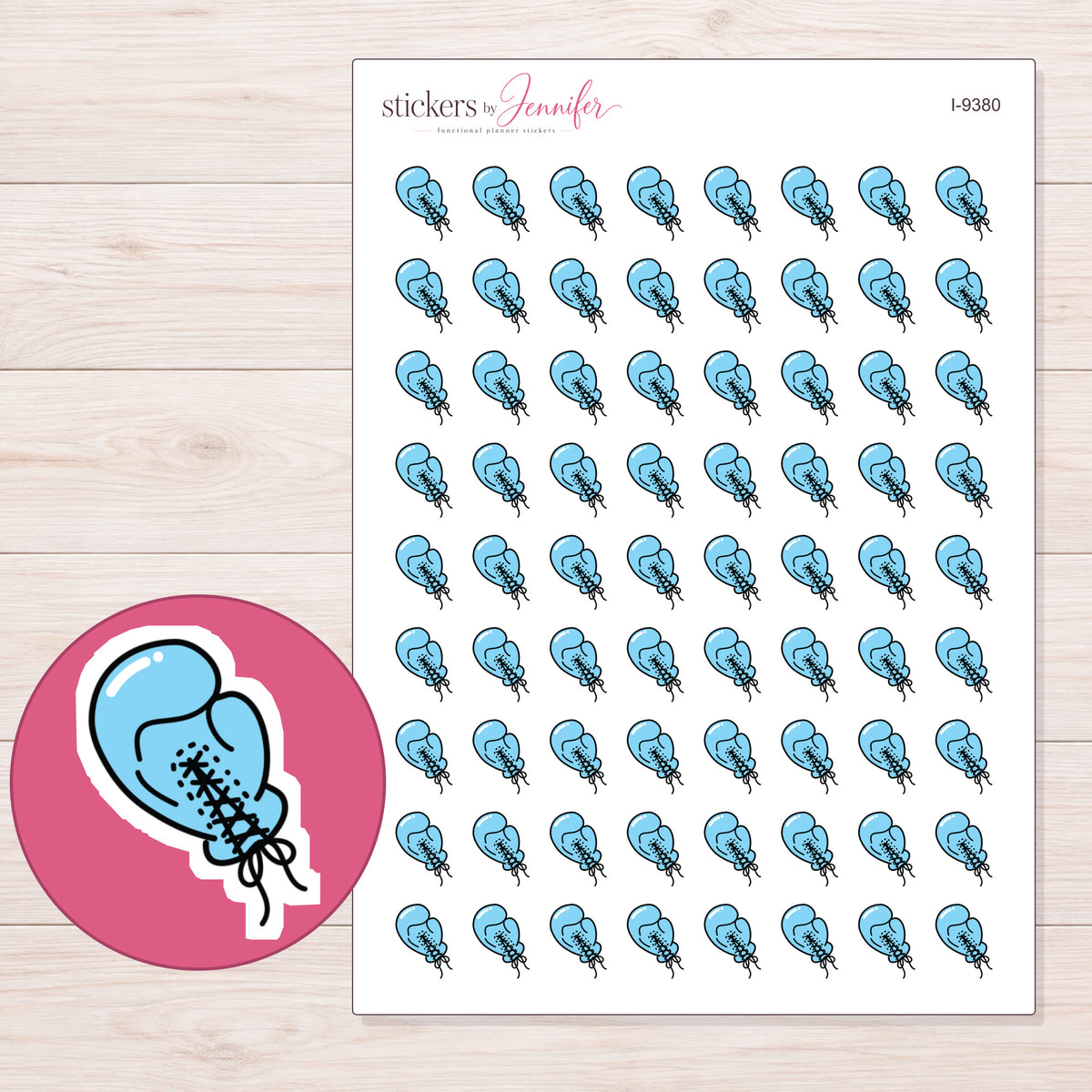 Blue Boxing Glove Planner Stickers | I-9380 — 5 × 7 inch sheet and enlarged sticker detail