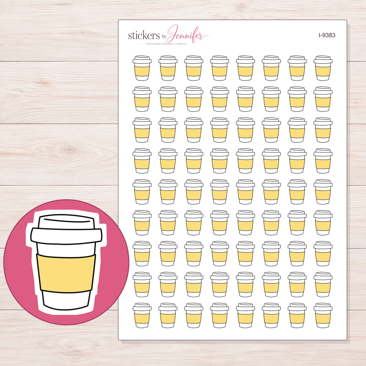 Yellow Sleeve Takeaway Coffee Planner Stickers | I-9383 — 5 × 7 inch sheet and enlarged sticker detail