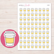 Yellow Sleeve Takeaway Coffee Planner Stickers | I-9383 — 5 × 7 inch sheet and enlarged sticker detail