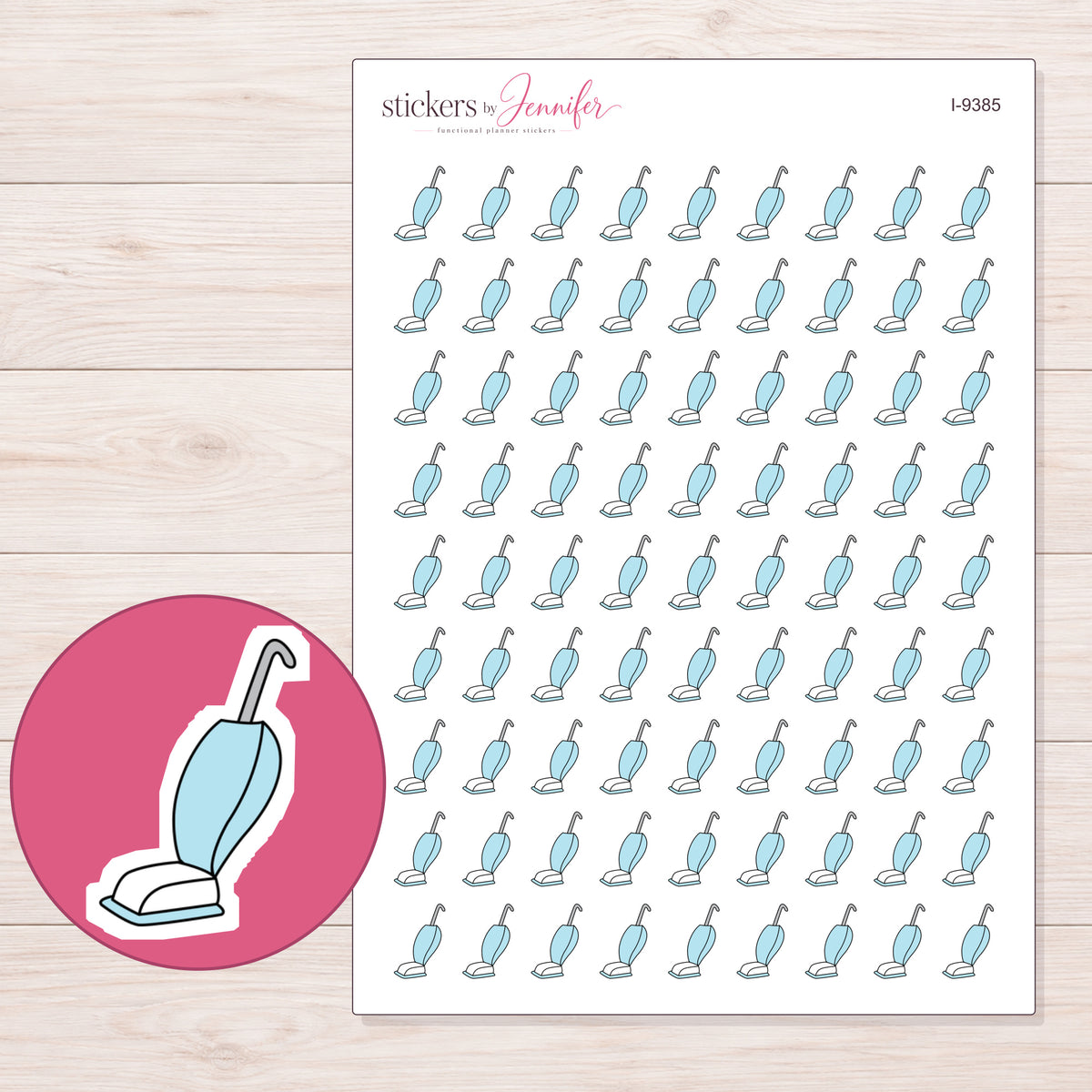 Blue Doodle Upright Vacuum Planner Stickers | I-9385 — 5 × 7 inch sheet and enlarged sticker detail