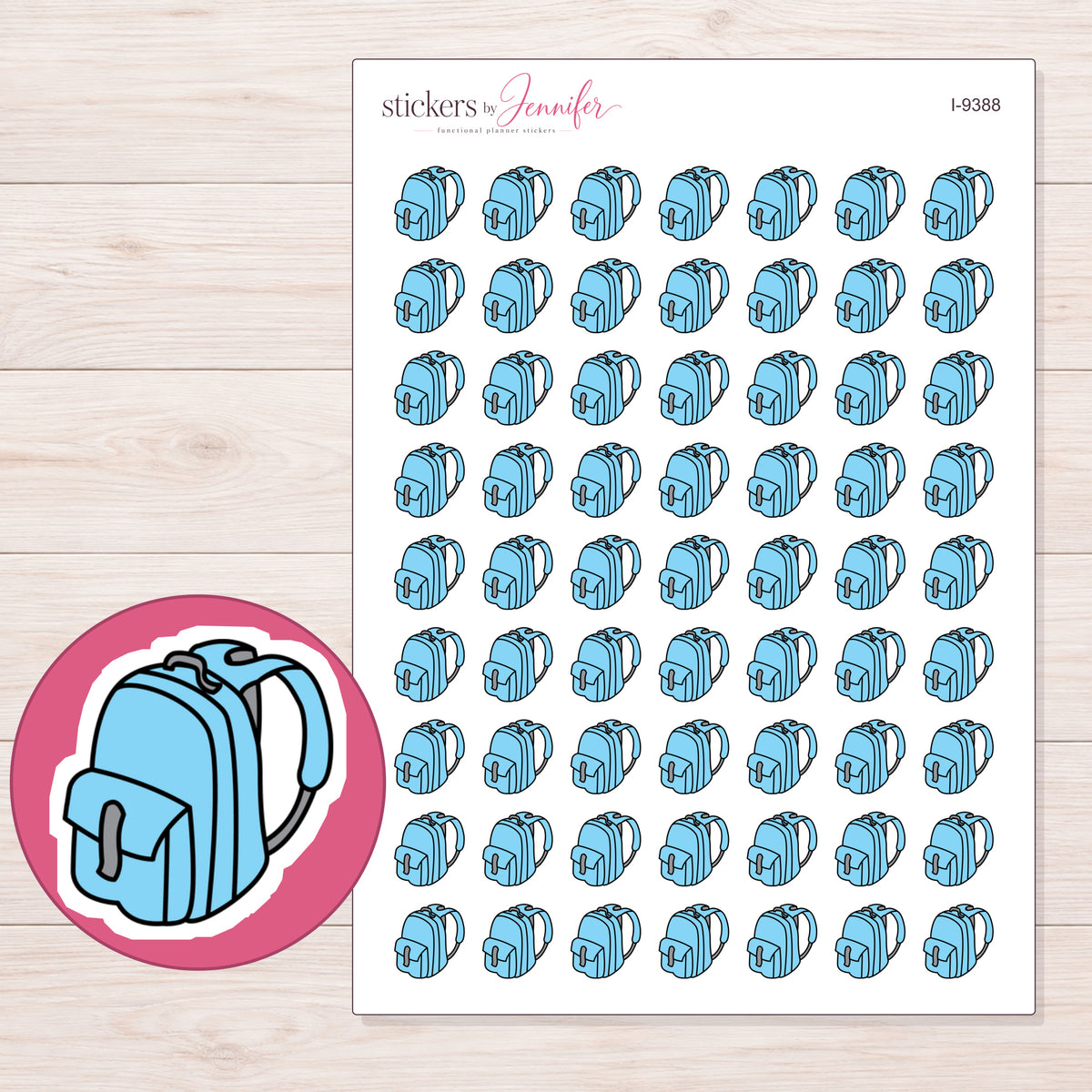 Blue School Backpack Planner Stickers | I-9388 — 5 × 7 inch sheet and enlarged sticker detail