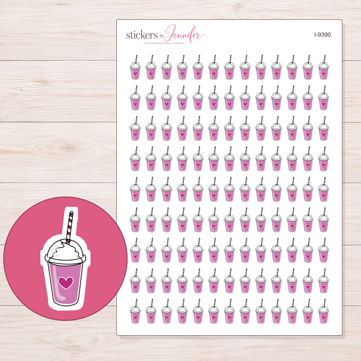Whipped Smoothie Cup Planner Stickers | I-9390 — 5 × 7 inch sheet and enlarged sticker detail