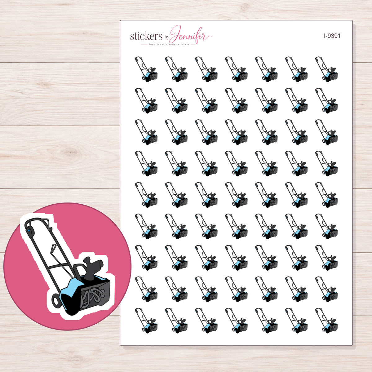 Blue and Black Snow Blower Planner Stickers | I-9391 — 5 × 7 inch sheet and enlarged sticker detail