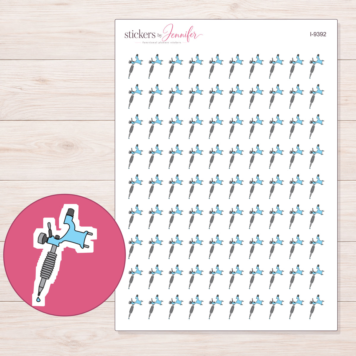 Blue Tattoo Machine Planner Stickers | I-9392 — 5 × 7 inch sheet and enlarged sticker detail