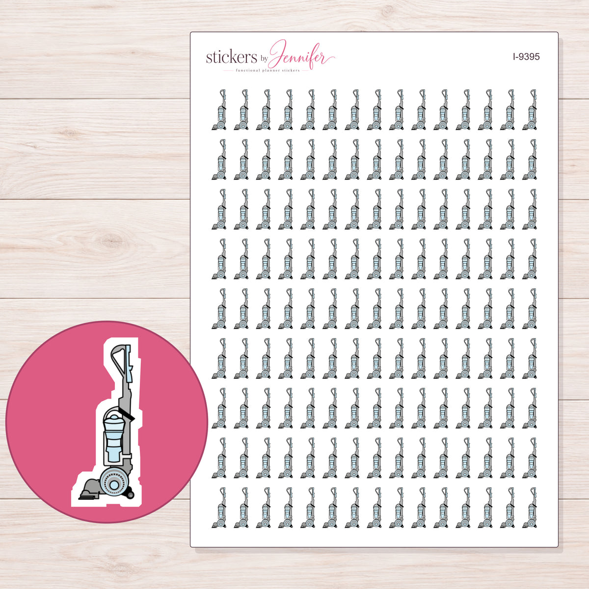 Blue Detailed Upright Vacuum Planner Stickers | I-9395 — 5 × 7 inch sheet and enlarged sticker detail