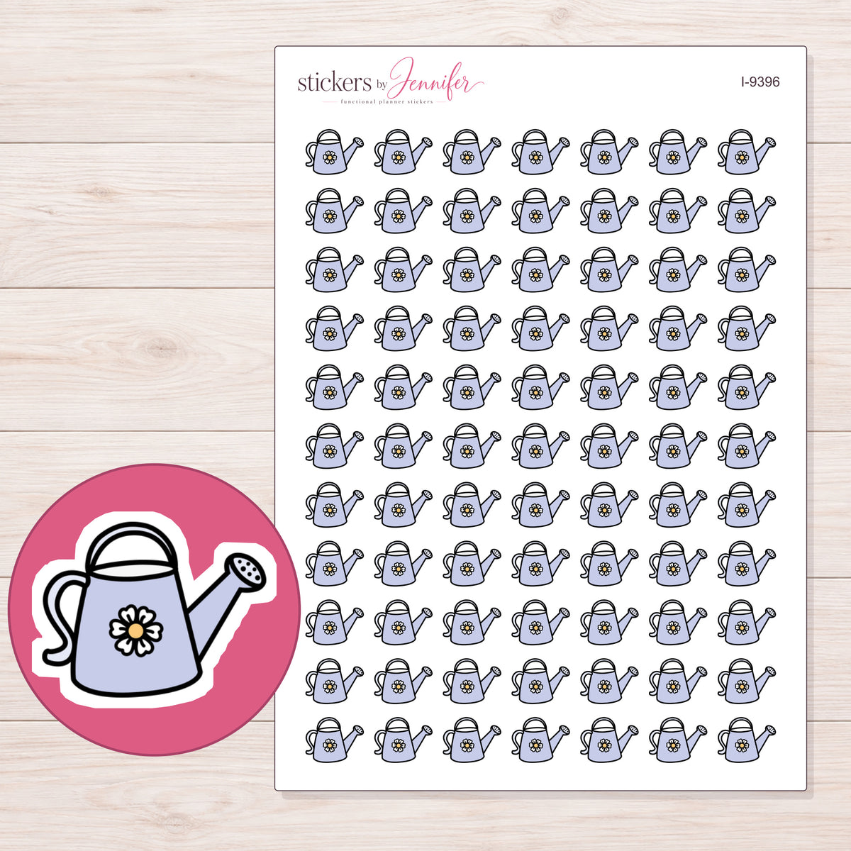 Lavender Daisy Watering Can Planner Stickers | I-9396 — 5 × 7 inch sheet and enlarged sticker detail