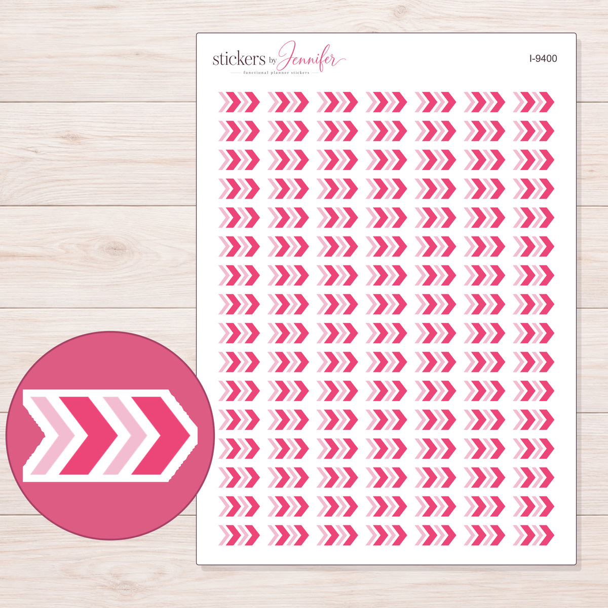 Pink Chevron Arrow Planner Stickers | I-9400 — 5 × 7 inch sheet and enlarged sticker detail
