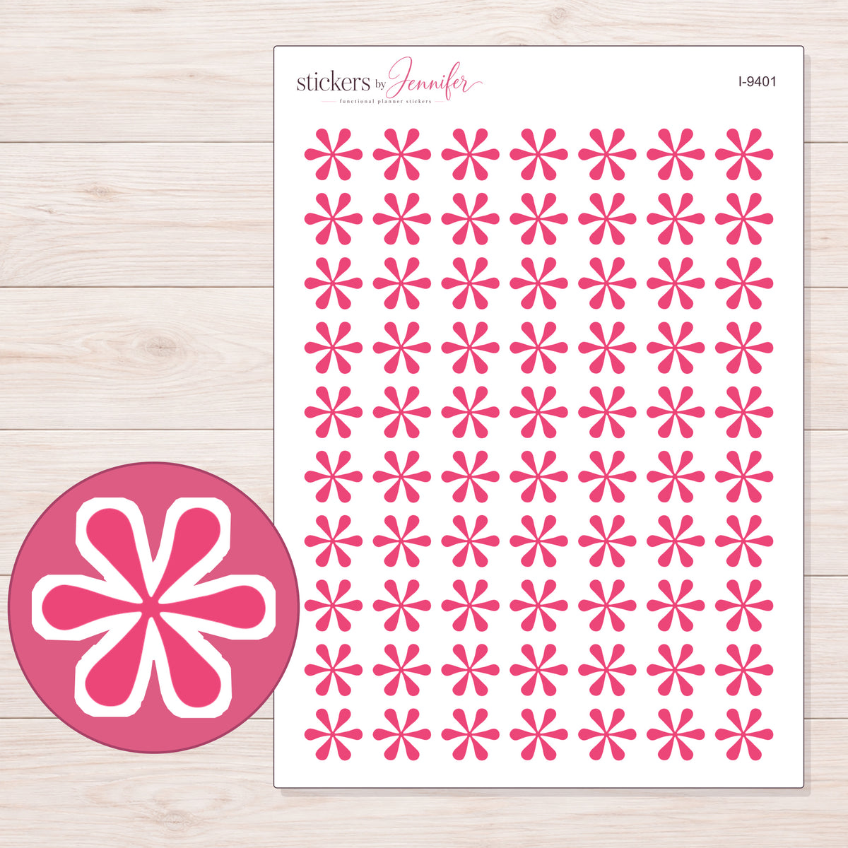Pink Asterisk Planner Stickers | I-9401 — 5 × 7 inch sheet and enlarged sticker detail