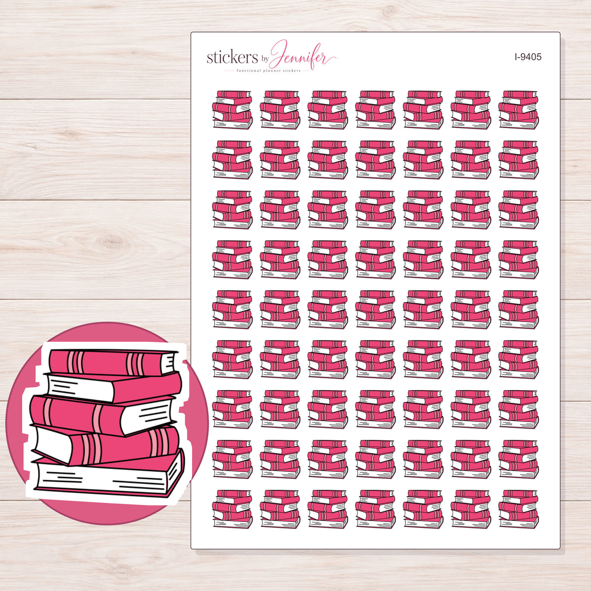Stack of Pink Books Planner Stickers | I-9405 — 5 × 7 inch sheet and enlarged sticker detail