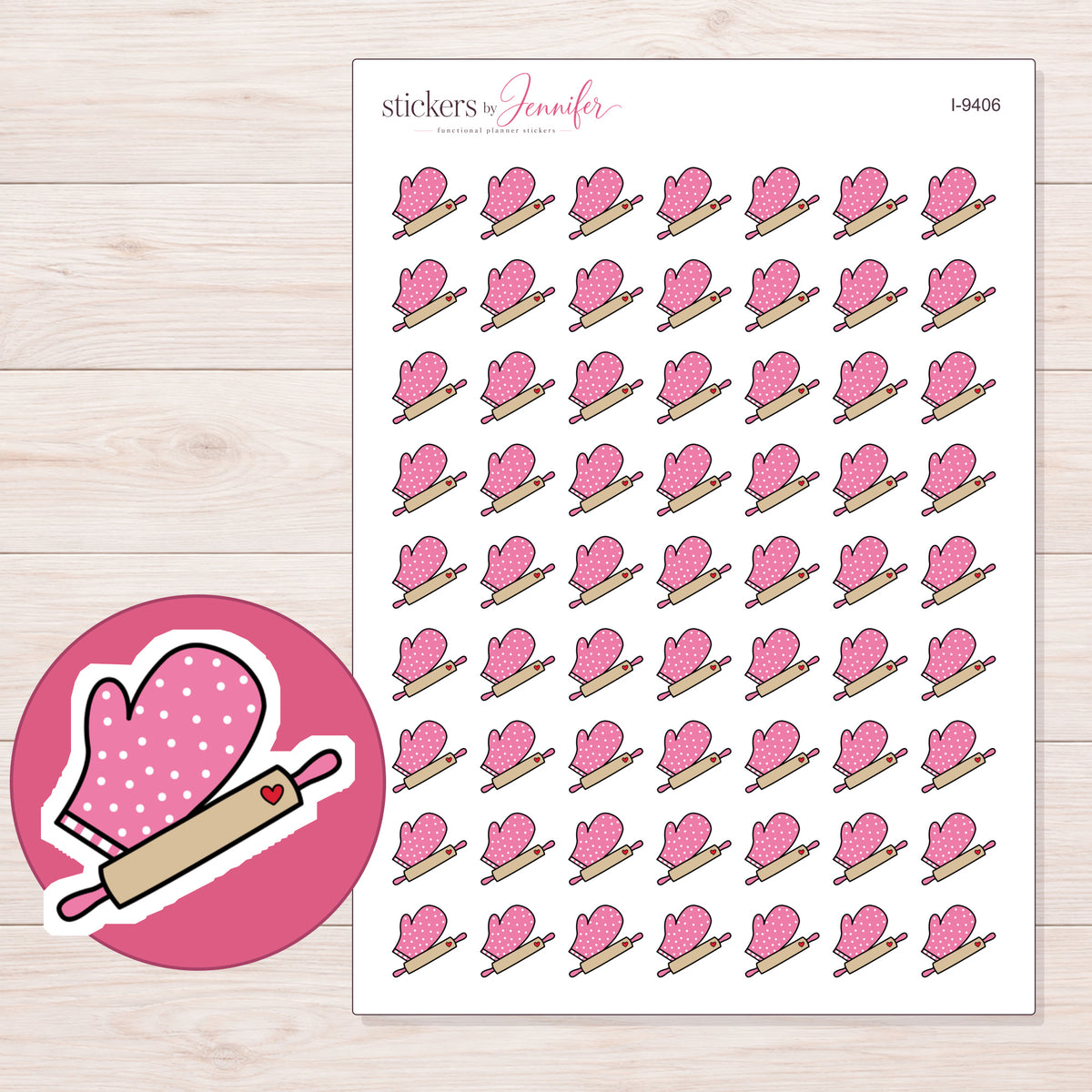 Pink Oven Mitt and Rolling Pin Planner Stickers | I-9406 — 5 × 7 inch sheet and enlarged sticker detail