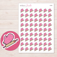 Pink Oven Mitt and Rolling Pin Planner Stickers | I-9406 — 5 × 7 inch sheet and enlarged sticker detail