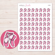 Pink Ballet Slippers Planner Stickers | I-9408 — 5 × 7 inch sheet and enlarged sticker detail