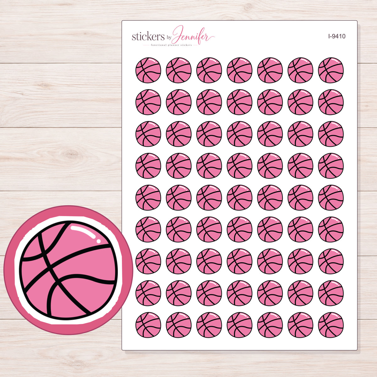 Pink Basketball Planner Stickers | I-9410 — 5 × 7 inch sheet and enlarged sticker detail