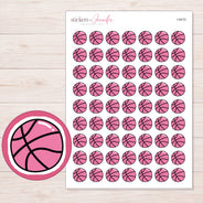 Pink Basketball Planner Stickers | I-9410 — 5 × 7 inch sheet and enlarged sticker detail
