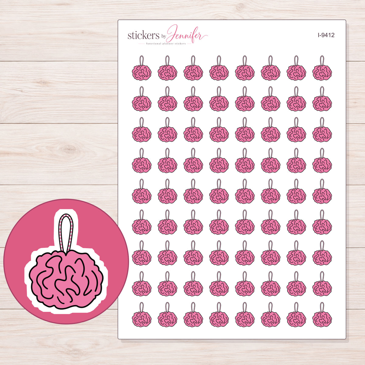 Pink Bath Pouf Planner Stickers | I-9412 — 5 × 7 inch sheet and enlarged sticker detail