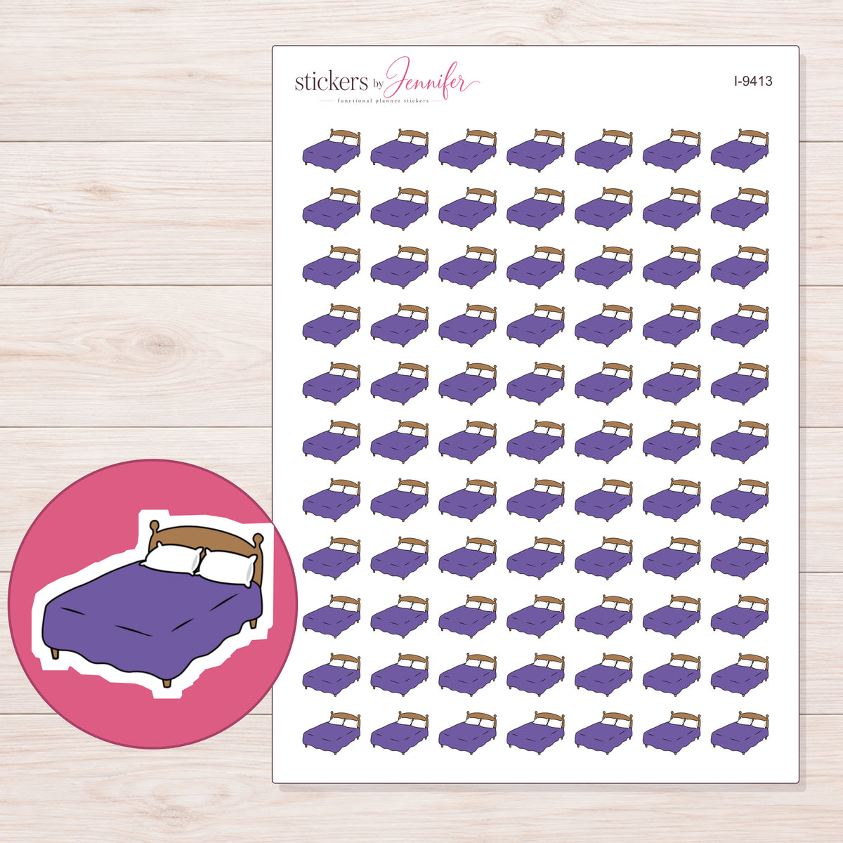 Purple Blanket Bed Planner Stickers | I-9413 — 5 × 7 inch sheet and enlarged sticker detail