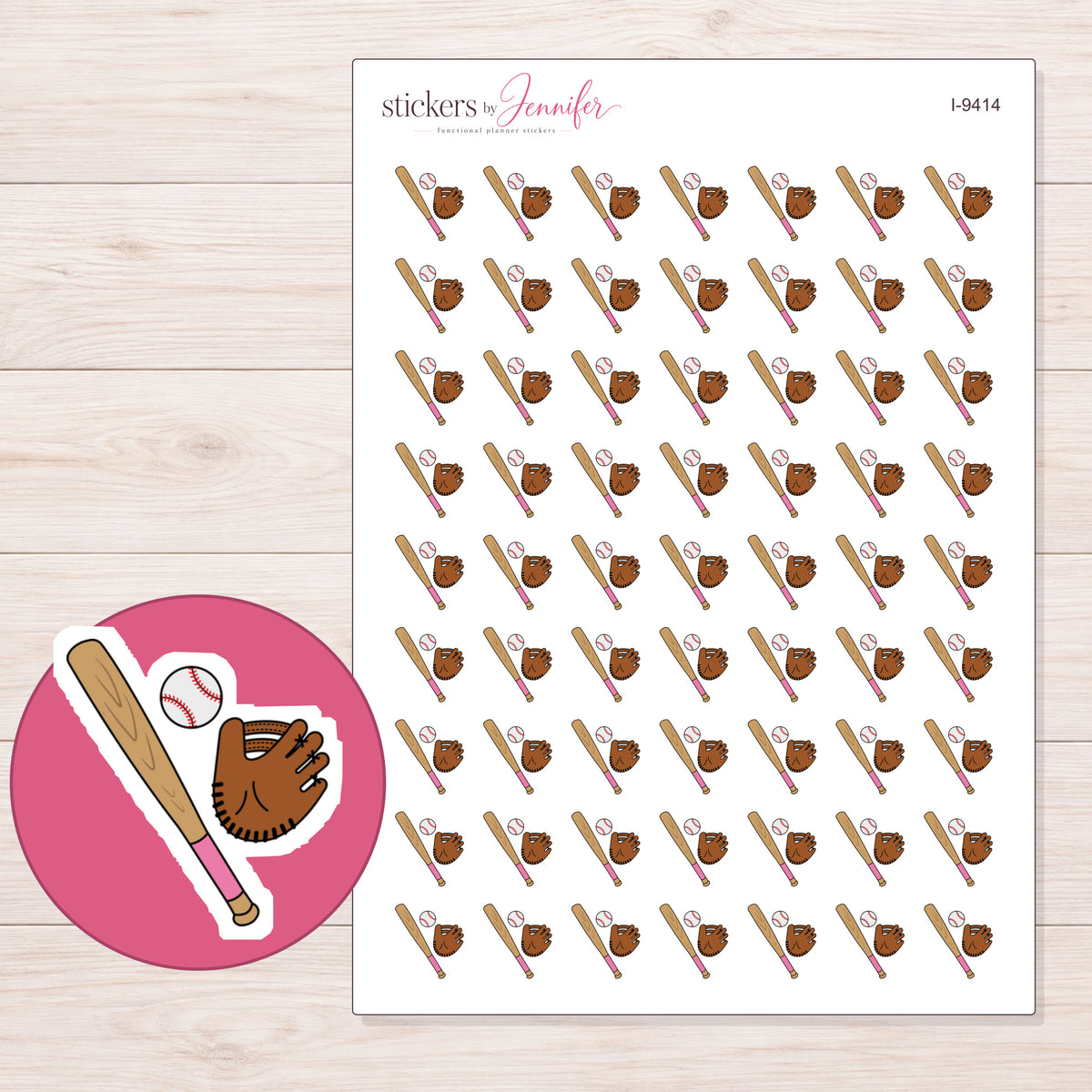 Baseball Bat Ball and Glove Planner Stickers | I-9414 — 5 × 7 inch sheet and enlarged sticker detail