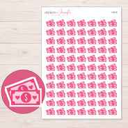 Pink Banknotes Planner Stickers | I-9416 — 5 × 7 inch sheet and enlarged sticker detail