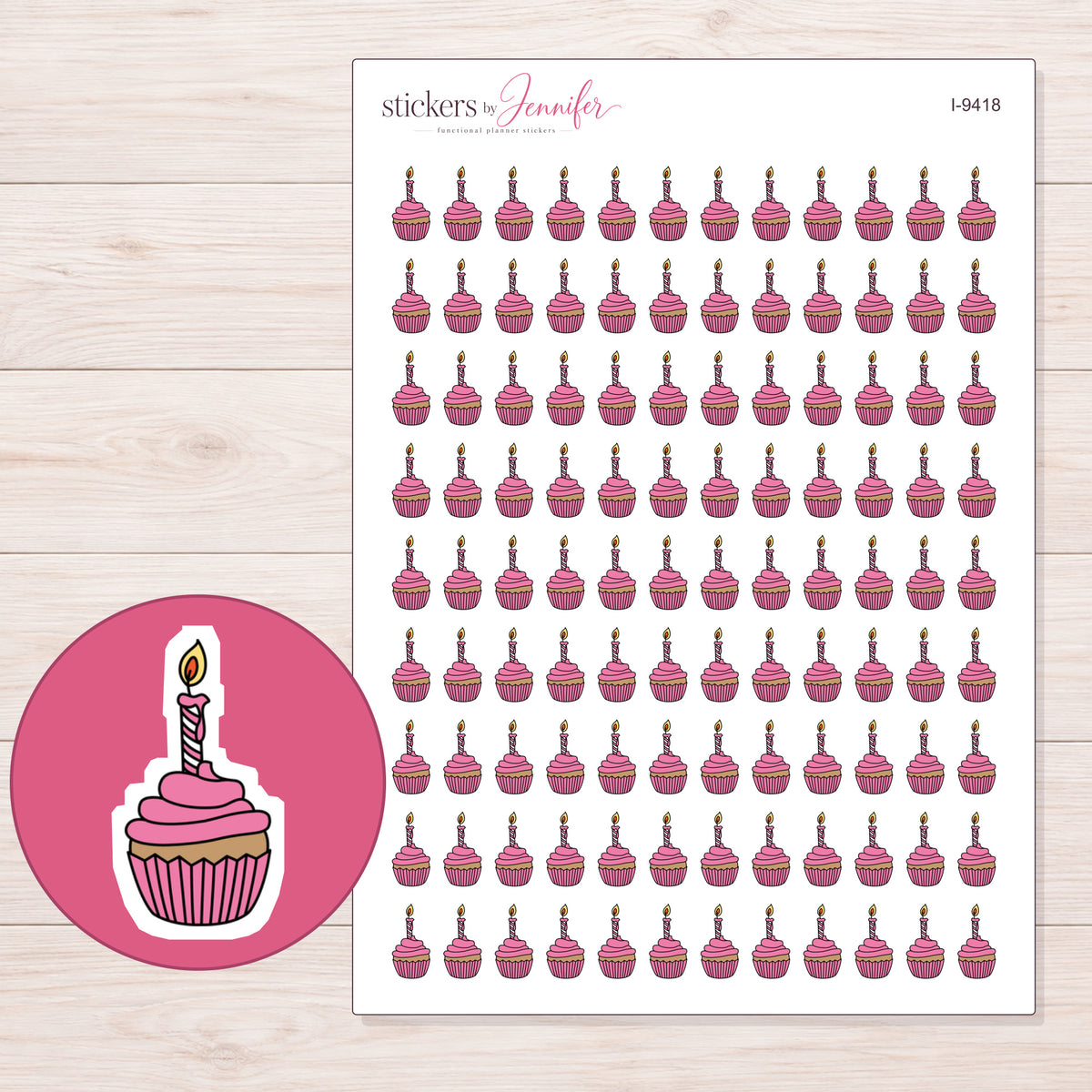 Pink Birthday Cupcake Planner Stickers | I-9418 — 5 × 7 inch sheet and enlarged sticker detail