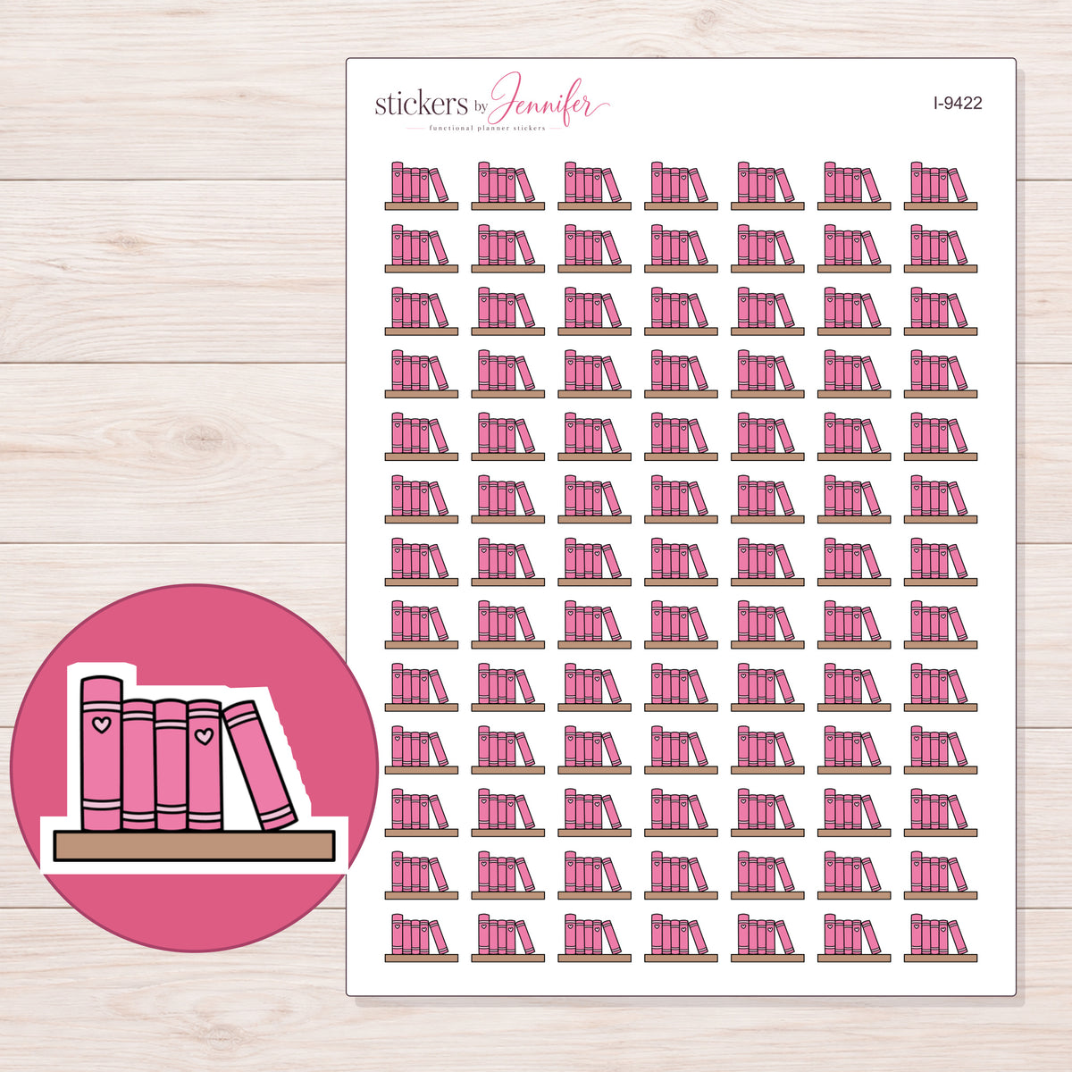 Pink Bookshelf Planner Stickers | I-9422 — 5 × 7 inch sheet and enlarged sticker detail