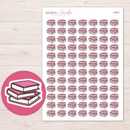 Three Pink Books Planner Stickers | I-9423 — 5 × 7 inch sheet and enlarged sticker detail