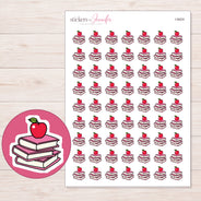 Pink Books and Red Apple Planner Stickers | I-9424 — 5 × 7 inch sheet and enlarged sticker detail