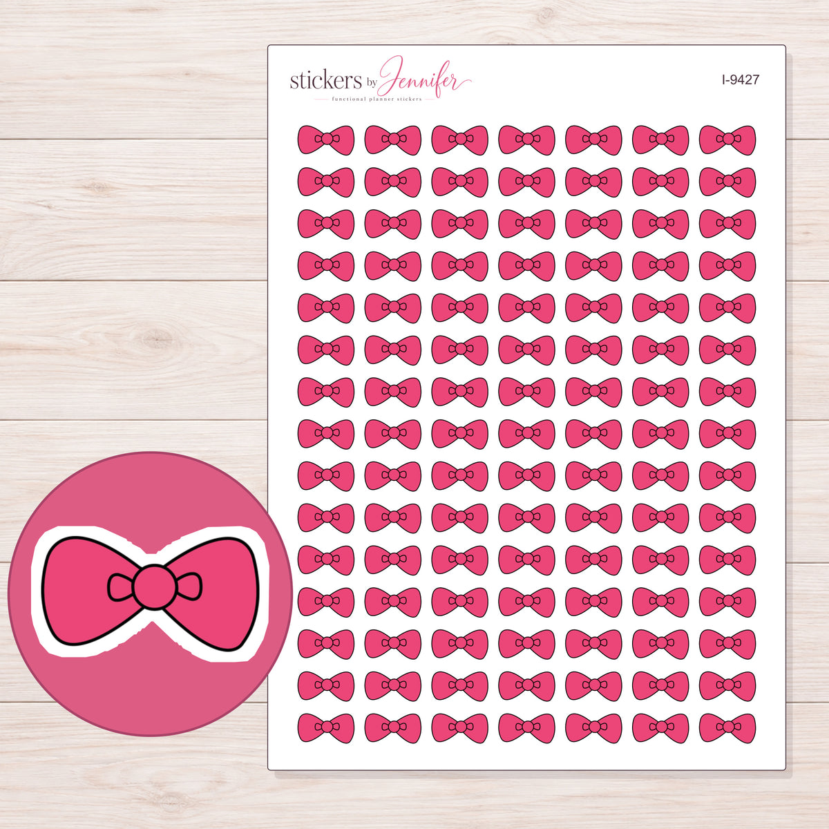 Bright Pink Rounded Bow Planner Stickers | I-9427 — 5 × 7 inch sheet and enlarged sticker detail