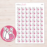 Pink Bowling Ball and Pins Planner Stickers | I-9428 — 5 × 7 inch sheet and enlarged sticker detail