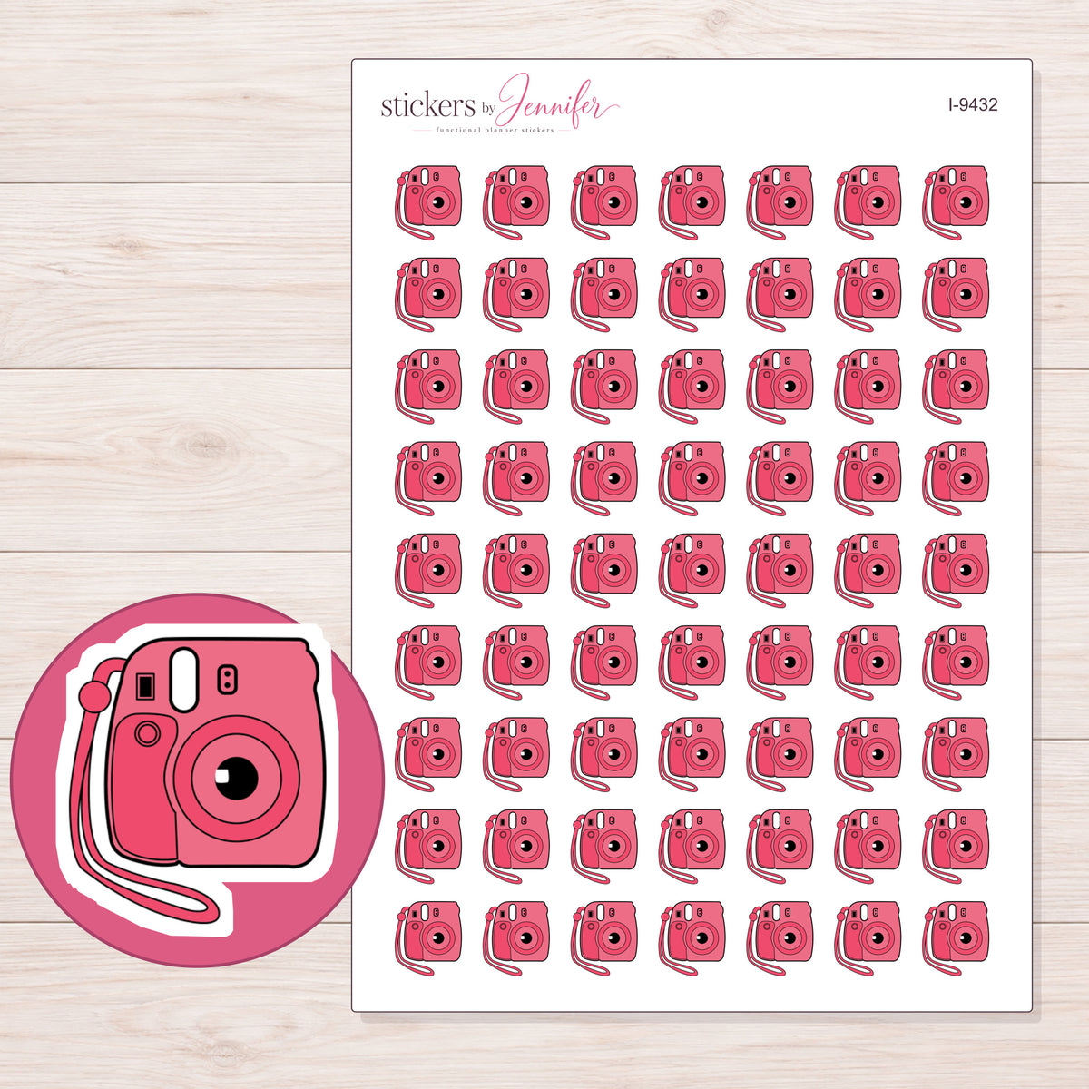 Pink Instant Camera Planner Stickers | I-9432 — 5 × 7 inch sheet and enlarged sticker detail
