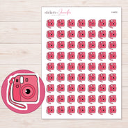 Pink Instant Camera Planner Stickers | I-9432 — 5 × 7 inch sheet and enlarged sticker detail