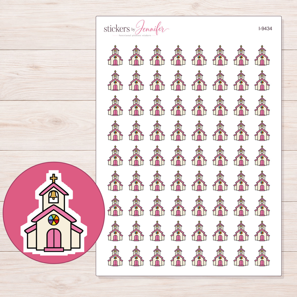 Pink Roof Church Planner Stickers | I-9434 — 5 × 7 inch sheet and enlarged sticker detail