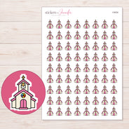 Pink Roof Church Planner Stickers | I-9434 — 5 × 7 inch sheet and enlarged sticker detail