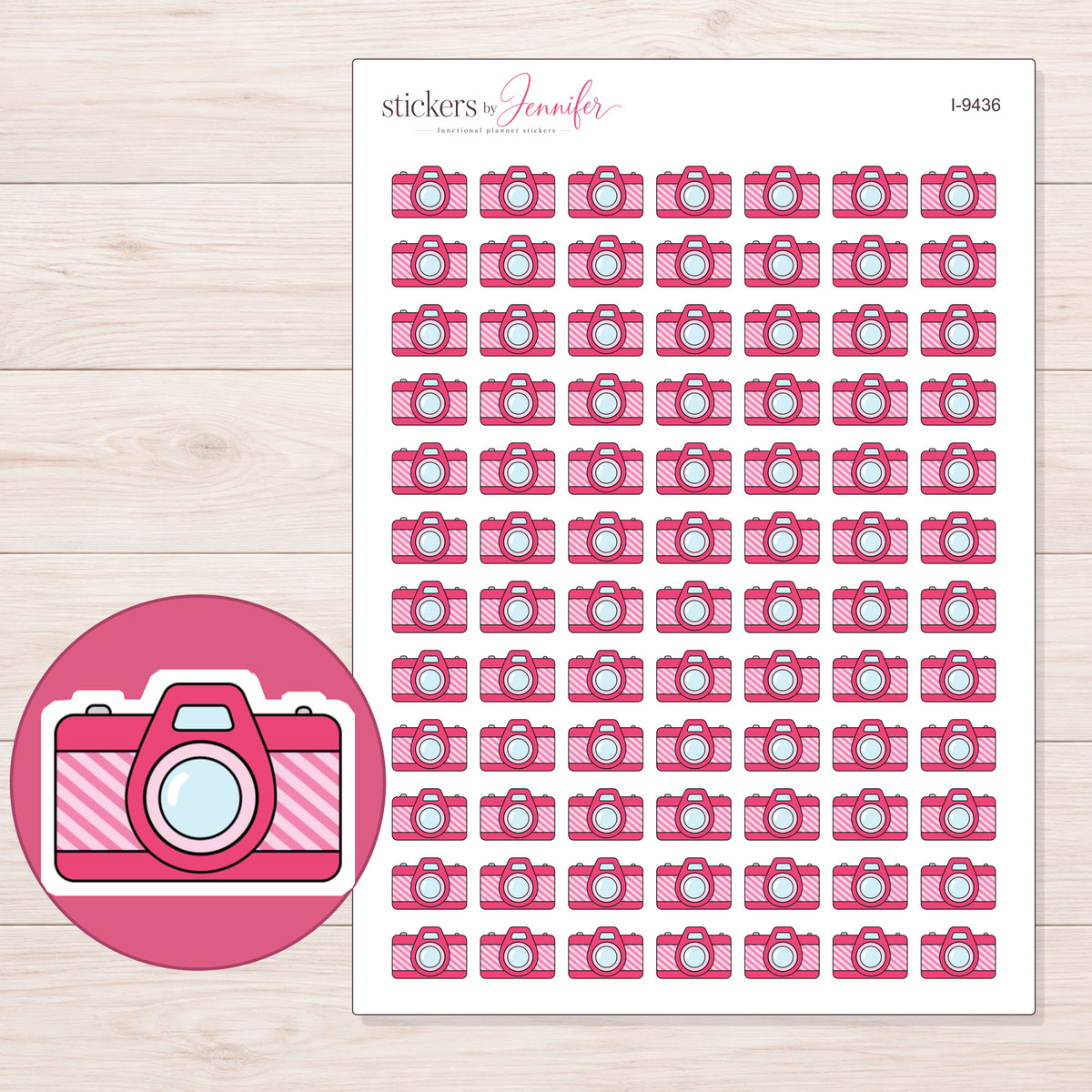 Pink Camera Planner Stickers | I-9436 — 5 × 7 inch sheet and enlarged sticker detail