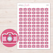 Pink Camera Planner Stickers | I-9436 — 5 × 7 inch sheet and enlarged sticker detail