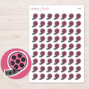 Pink Film Reel Planner Stickers | I-9437 — 5 × 7 inch sheet and enlarged sticker detail